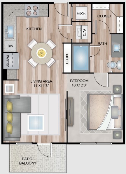 A floor plan of a house with a living area, kitchen, bathroom, and bedroom.